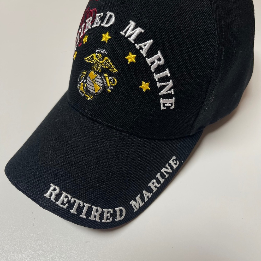 Retired Marine USMC Cap Black EGA Eagle Globe Anchor Stars Veteran Hat Mens NWOT